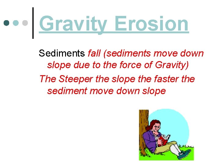Gravity Erosion Sediments fall (sediments move down slope due to the force of Gravity)
