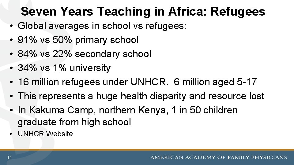 Seven Years Teaching in Africa: Refugees • • Global averages in school vs refugees: