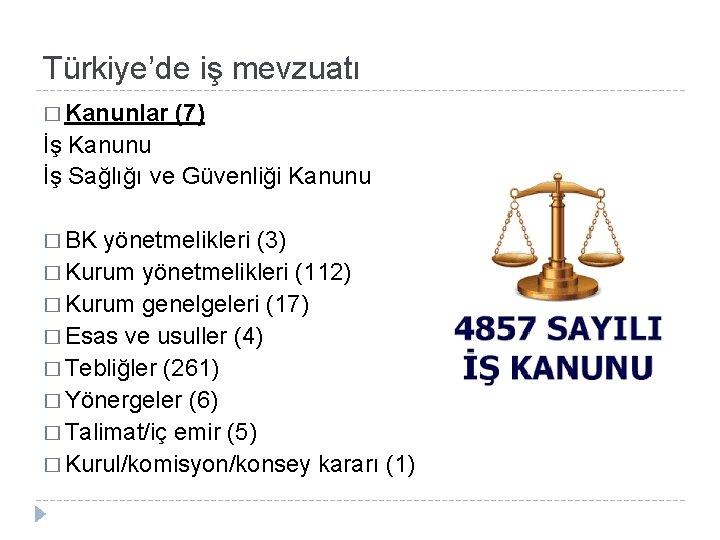 Türkiye’de iş mevzuatı � Kanunlar (7) İş Kanunu İş Sağlığı ve Güvenliği Kanunu �