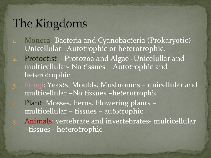 The Kingdoms 1. 2. 3. 4. 5. Monera- Bacteria and Cyanobacteria (Prokaryotic)Unicellular –Autotrophic or