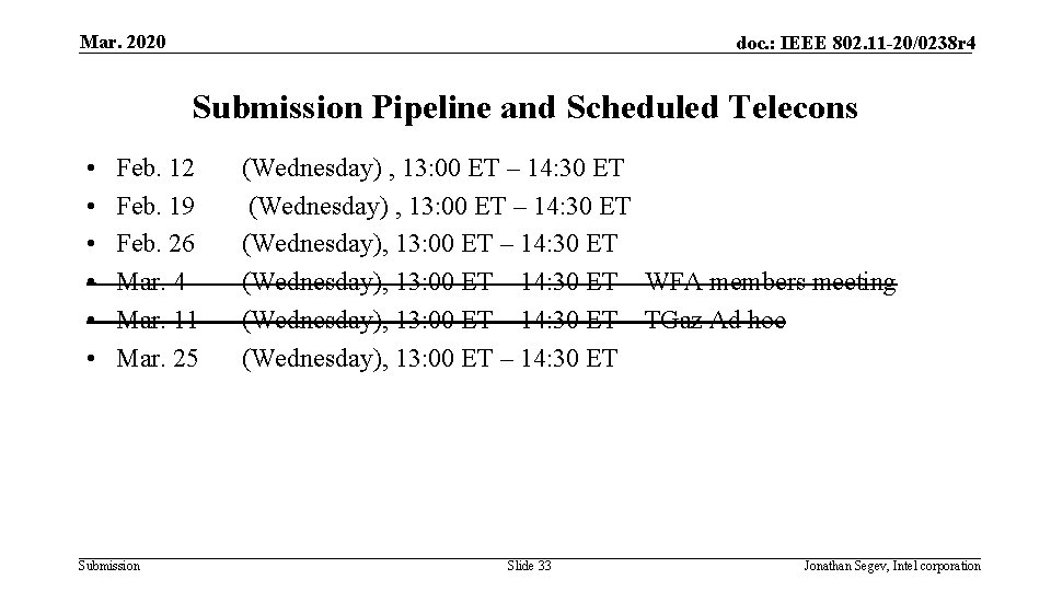 Mar. 2020 doc. : IEEE 802. 11 -20/0238 r 4 Submission Pipeline and Scheduled