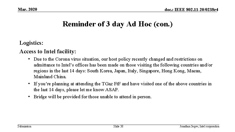 Mar. 2020 doc. : IEEE 802. 11 -20/0238 r 4 Reminder of 3 day
