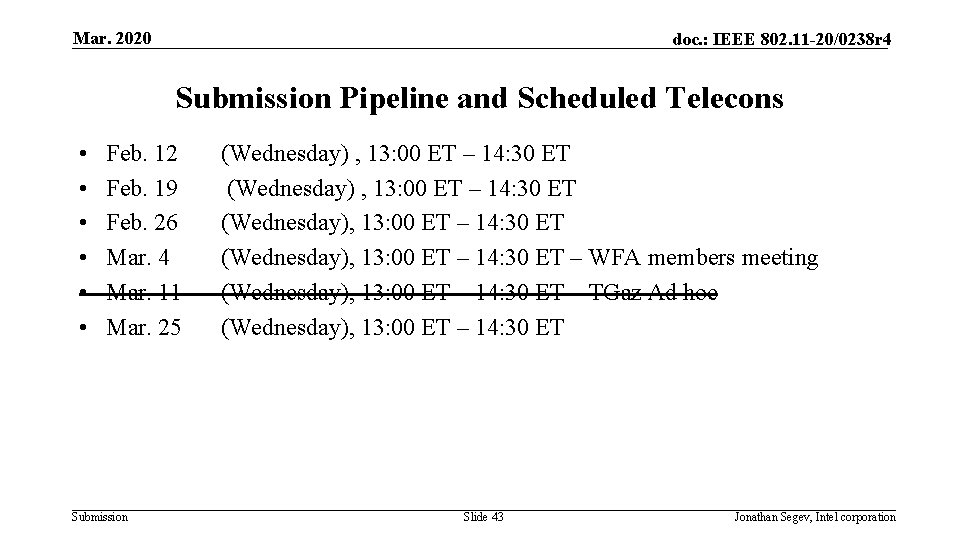 Mar. 2020 doc. : IEEE 802. 11 -20/0238 r 4 Submission Pipeline and Scheduled