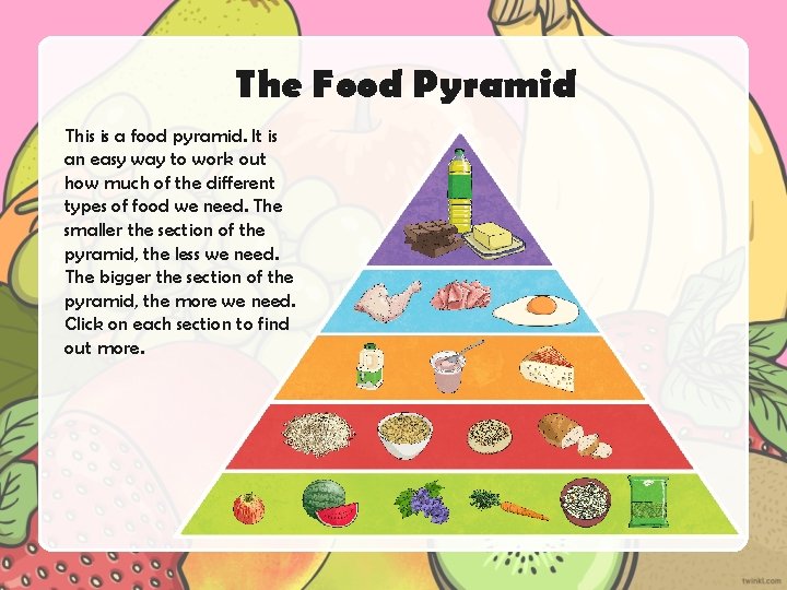 The Food Pyramid This is a food pyramid. It is an easy way to