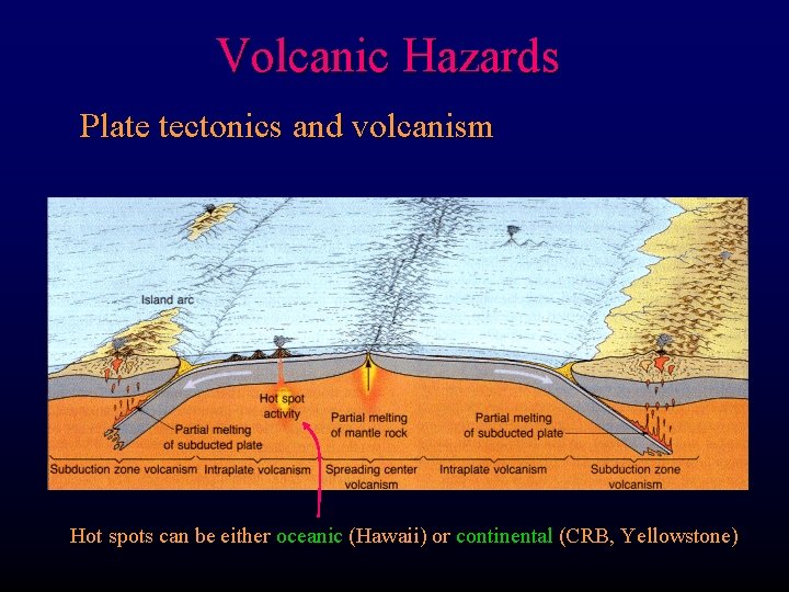 Volcanic Hazards Plate tectonics and volcanism Hot spots can be either oceanic (Hawaii) or