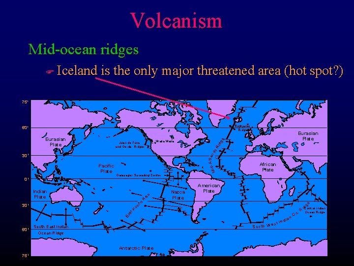 Volcanism Mid-ocean ridges F Iceland is the only major threatened area (hot spot? )