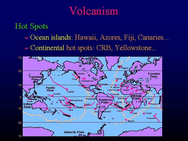 Volcanism Hot Spots Ocean islands: Hawaii, Azores, Fiji, Canaries. . . F Continental hot