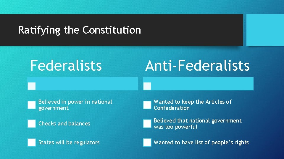 Ratifying the Constitution Federalists Anti-Federalists Believed in power in national government Wanted to keep