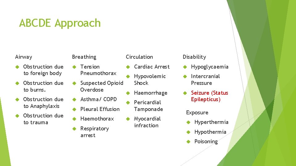 ABCDE Approach Airway Breathing Obstruction due to foreign body Obstruction due to burns. Obstruction