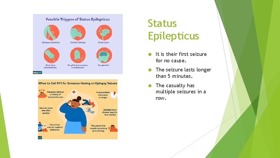 Status Epilepticus It is their first seizure for no cause. The seizure lasts longer