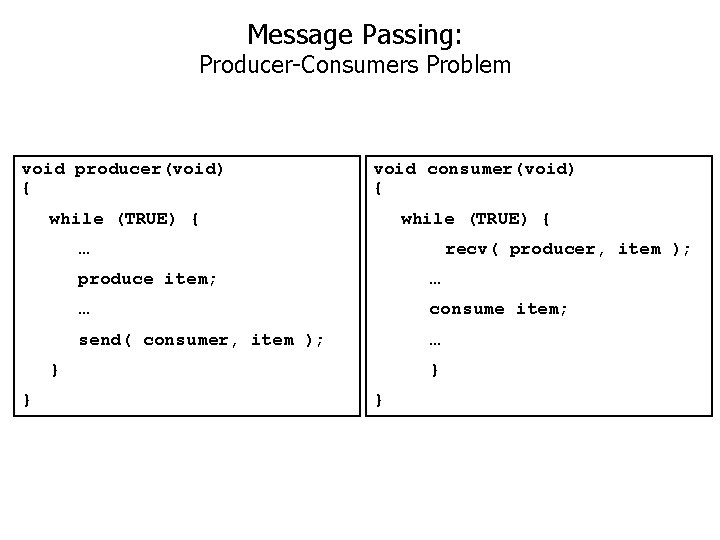 Message Passing: Producer-Consumers Problem void producer(void) { void consumer(void) { while (TRUE) { …