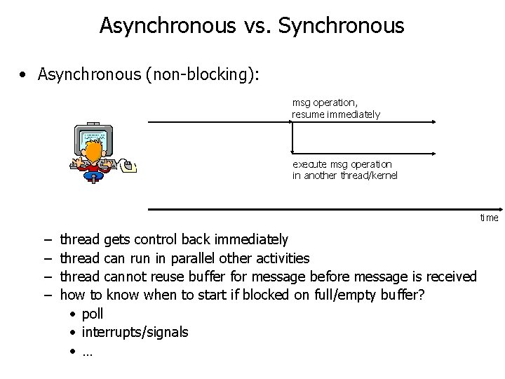 Asynchronous vs. Synchronous • Asynchronous (non-blocking): msg operation, resume immediately execute msg operation in