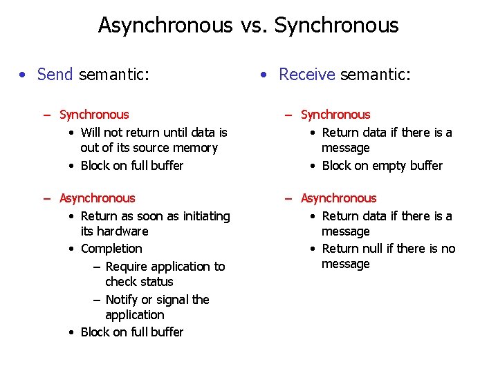 Asynchronous vs. Synchronous • Send semantic: • Receive semantic: – Synchronous • Will not