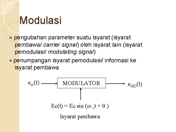 Modulasi pengubahan parameter suatu isyarat (isyarat pembawa/ carrier signal) oleh isyarat lain (isyarat pemodulasi/