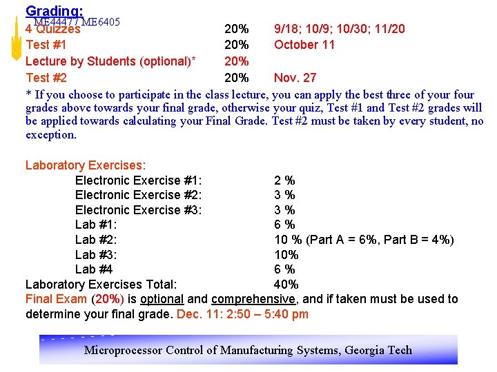 Grading: ME 4447 / ME 6405 4 Quizzes 20% 9/18; 10/9; 10/30; 11/20 Test