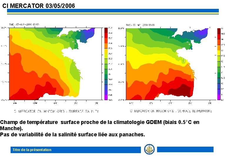 CI MERCATOR 03/05/2006 Champ de température surface proche de la climatologie GDEM (biais 0.