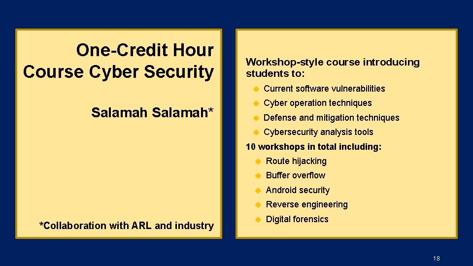 One-Credit Hour Course Cyber Security Salamah* Workshop-style course introducing students to: Current software vulnerabilities