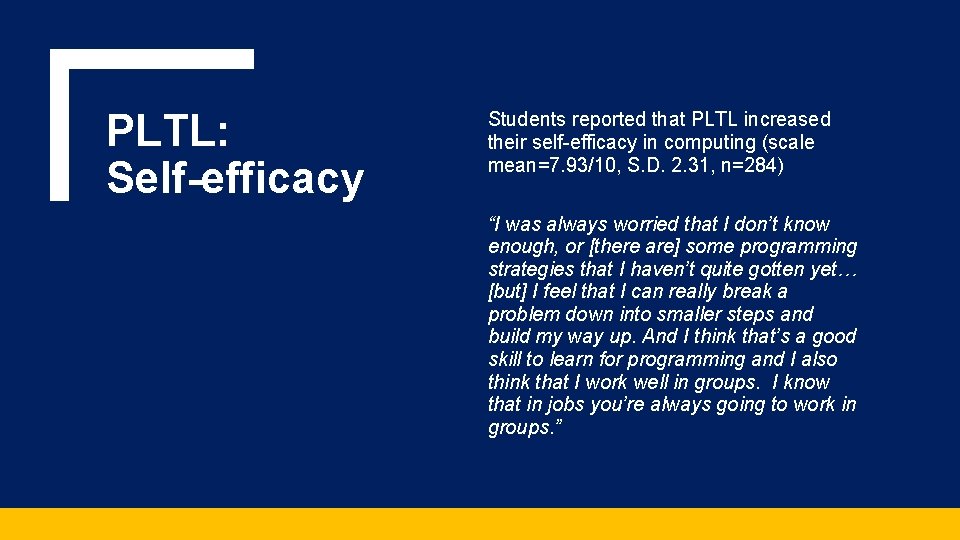 PLTL: Self-efficacy Students reported that PLTL increased their self-efficacy in computing (scale mean=7. 93/10,
