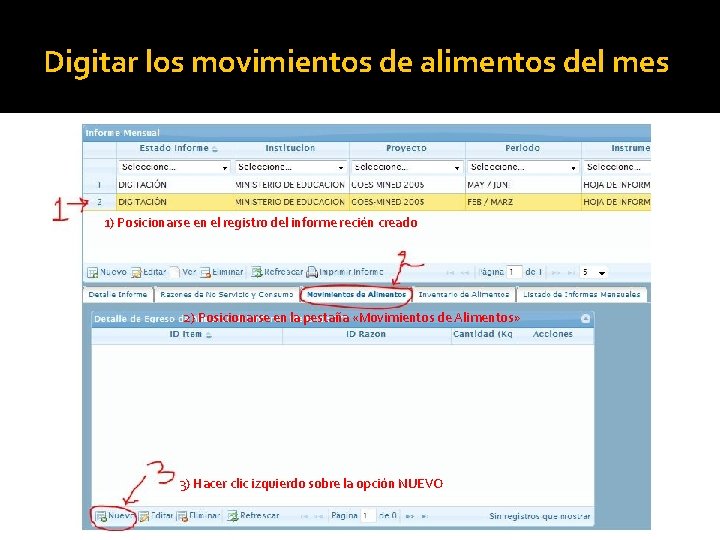 Digitar los movimientos de alimentos del mes 1) Posicionarse en el registro del informe