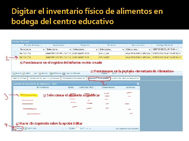 Digitar el inventario físico de alimentos en bodega del centro educativo 1) Posicionarse en