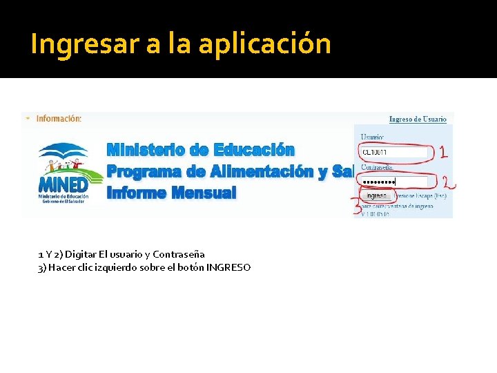 Ingresar a la aplicación 1 Y 2) Digitar El usuario y Contraseña 3) Hacer