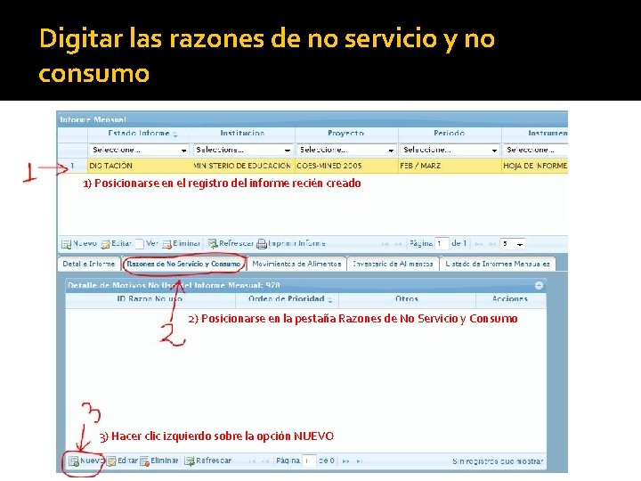 Digitar las razones de no servicio y no consumo 1) Posicionarse en el registro