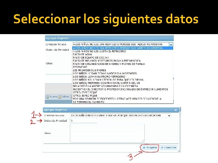 Seleccionar los siguientes datos 