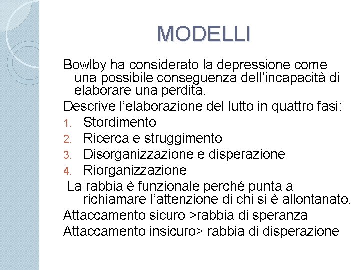 MODELLI Bowlby ha considerato la depressione come una possibile conseguenza dell’incapacità di elaborare una