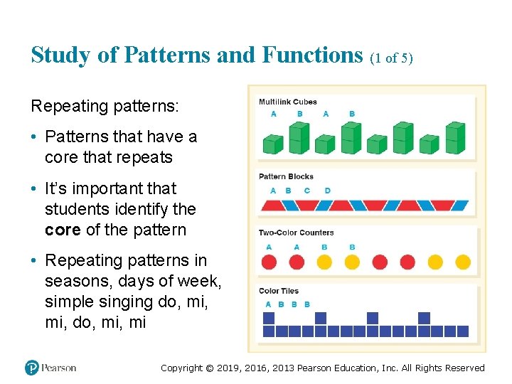Study of Patterns and Functions (1 of 5) Repeating patterns: • Patterns that have