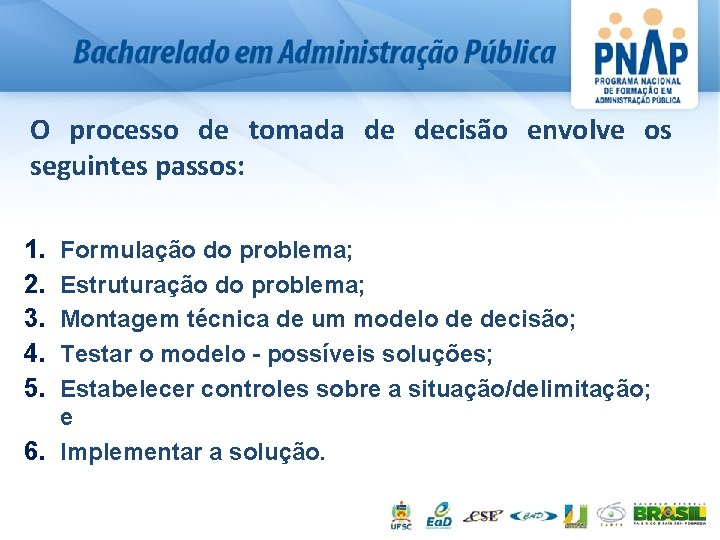 O processo de tomada de decisão envolve os seguintes passos: 1. 2. 3. 4.