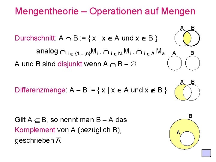 Mengentheorie – Operationen auf Mengen A B Durchschnitt: A B : = { x
