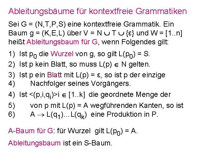 Ableitungsbäume für kontextfreie Grammatiken Sei G = (N, T, P, S) eine kontextfreie Grammatik.