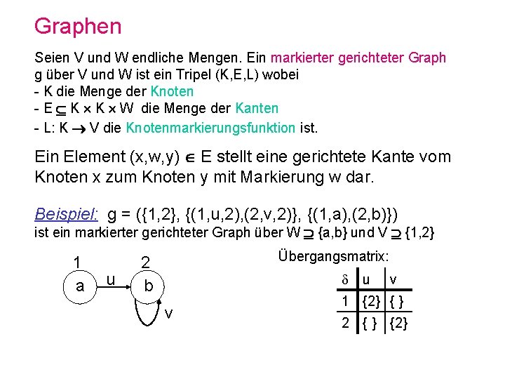 Graphen Seien V und W endliche Mengen. Ein markierter gerichteter Graph g über V