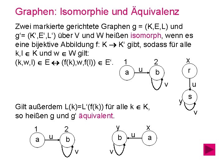 Graphen: Isomorphie und Äquivalenz Zwei markierte gerichtete Graphen g = (K, E, L) und