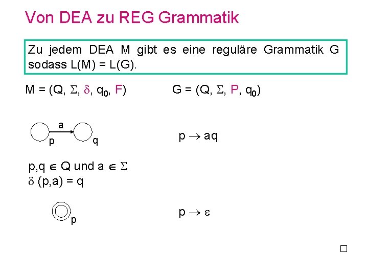 Von DEA zu REG Grammatik Zu jedem DEA M gibt es eine reguläre Grammatik