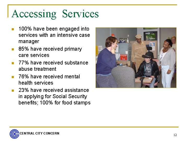 Accessing Services n n n 100% have been engaged into services with an intensive