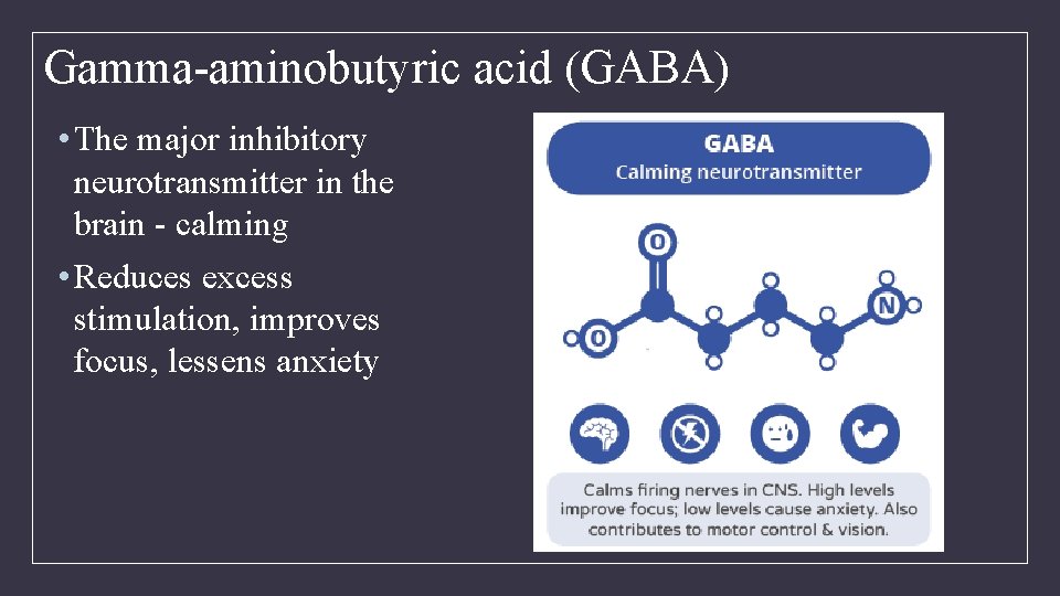 Gamma-aminobutyric acid (GABA) • The major inhibitory neurotransmitter in the brain - calming •