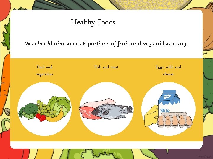 Healthy Foods We should aim to eat 5 portions of fruit and vegetables a