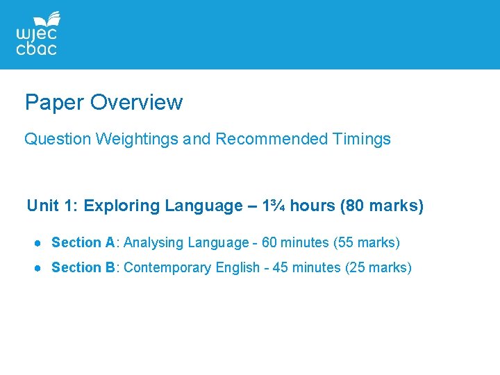 Paper Overview Question Weightings and Recommended Timings Unit 1: Exploring Language – 1¾ hours