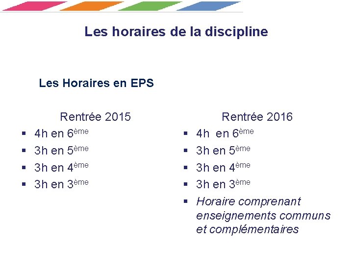 Les horaires de la discipline Les Horaires en EPS § § Rentrée 2015 4