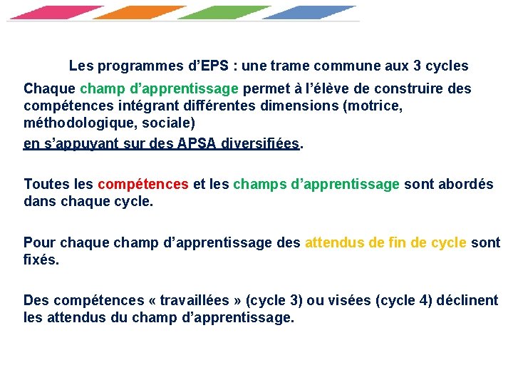 Les programmes d’EPS : une trame commune aux 3 cycles Chaque champ d’apprentissage permet