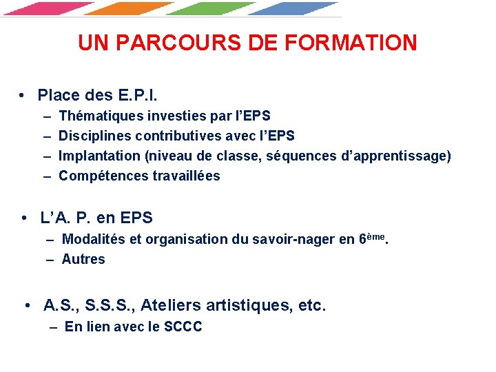 UN PARCOURS DE FORMATION • Place des E. P. I. – – Thématiques investies