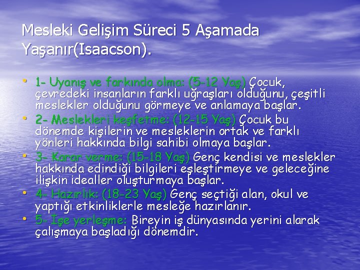 Mesleki Gelişim Süreci 5 Aşamada Yaşanır(Isaacson). • 1 - Uyanış ve farkında olma: (5