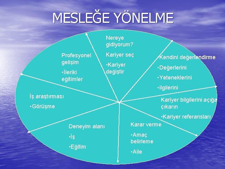 MESLEĞE YÖNELME Nereye gidiyorum? Profesyonel gelişim • İleriki eğitimler Kariyer seç • Kendini değerlendirme