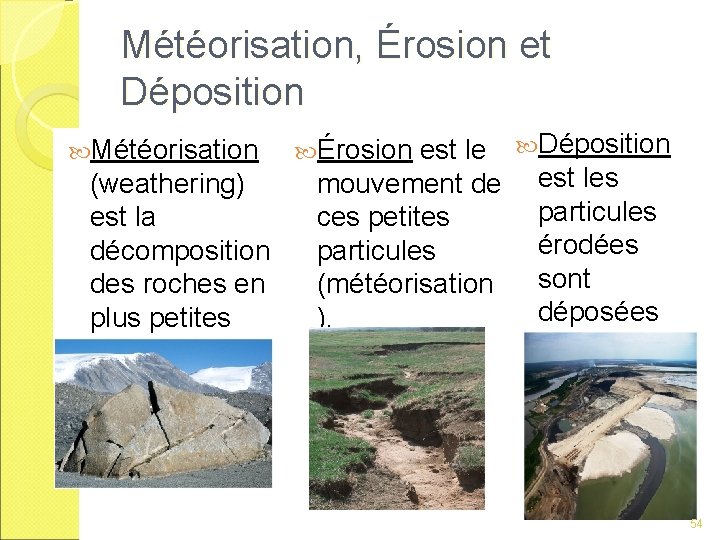 Météorisation, Érosion et Déposition Météorisation (weathering) est la décomposition des roches en plus petites