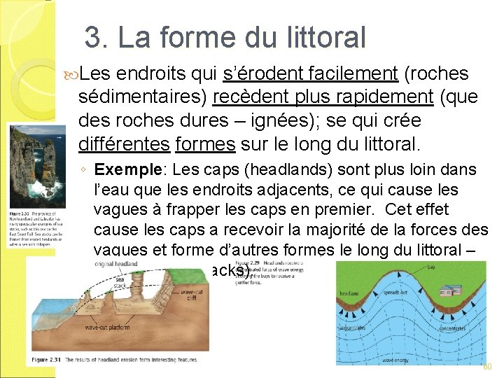 3. La forme du littoral Les endroits qui s’érodent facilement (roches sédimentaires) recèdent plus