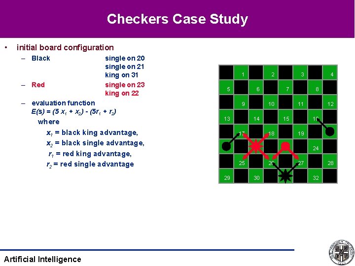 Checkers Case Study • initial board configuration – Black – Red single on 20