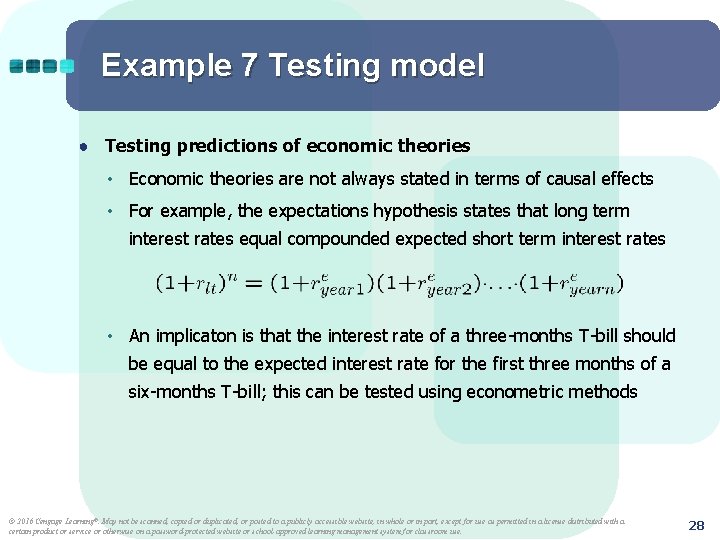 Example 7 Testing model ● Testing predictions of economic theories • Economic theories are