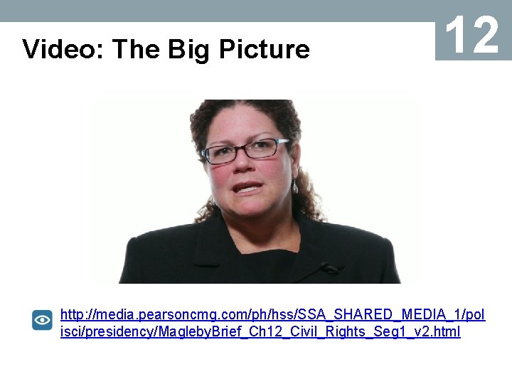 Video: The Big Picture 12 http: //media. pearsoncmg. com/ph/hss/SSA_SHARED_MEDIA_1/pol isci/presidency/Magleby. Brief_Ch 12_Civil_Rights_Seg 1_v 2.