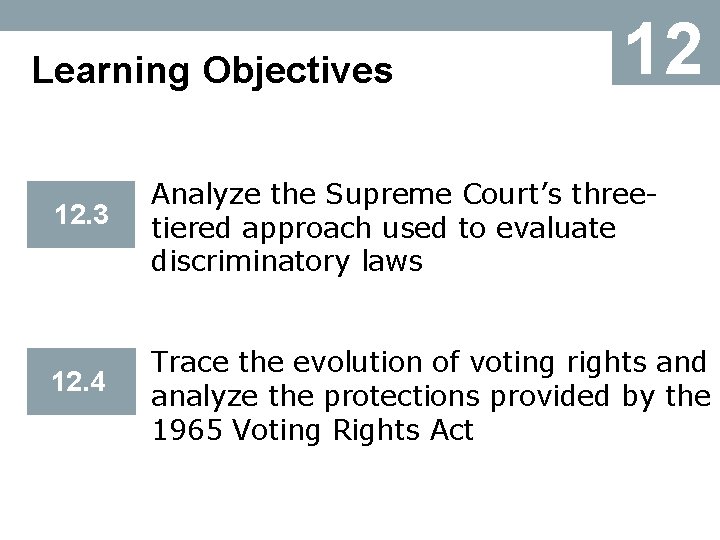 Learning Objectives 12 12. 3 Analyze the Supreme Court’s threetiered approach used to evaluate